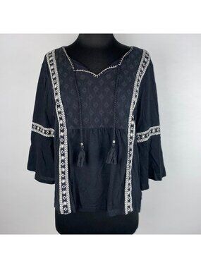Style & Co. Blouse Petite PL Embroidered Tie Tasseled Front 3/4 Bell Sleeve Boho